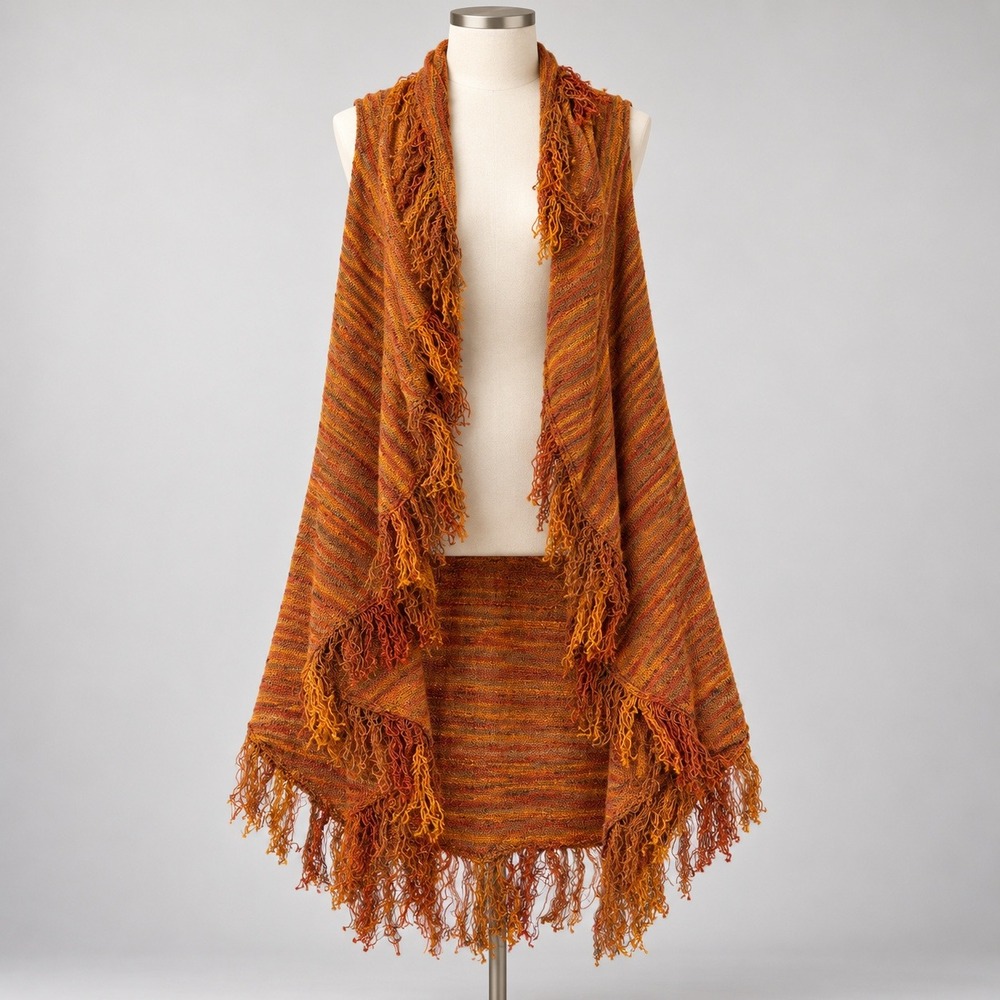 Orange Knit Fringe Vest Womens XL Draped Open Front Boho Space Dye